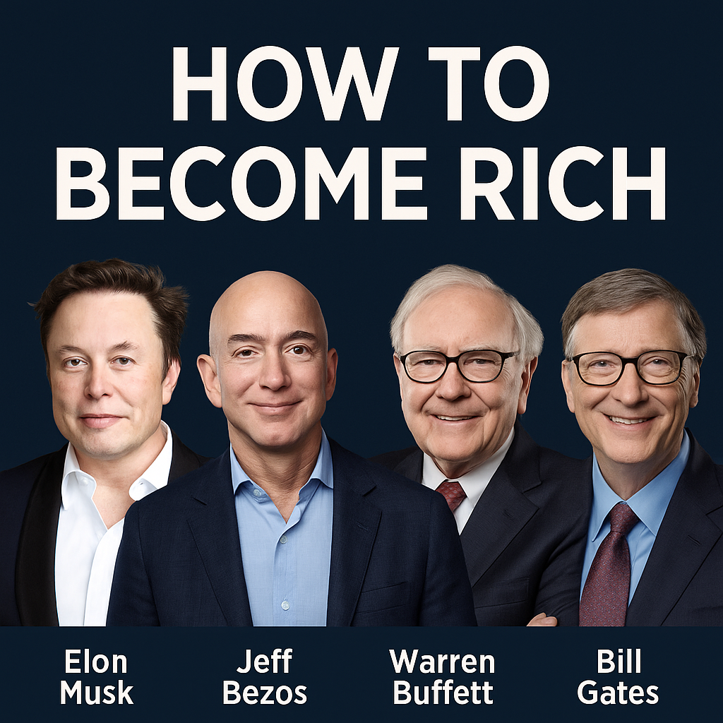 Rich people don’t become wealthy overnight. They follow discipline, persistence, and a unique way of thinking. Let’s take lessons from four of the world’s most famous billionaires: Elon Musk, Jeff Bezos, Warren Buffett, and Bill Gates. 1. Elon Musk – CEO of Tesla & SpaceX Lesson: Innovation and risk-taking. Elon failed in many businesses before Tesla and SpaceX succeeded. Today, his companies are worth hundreds of billions. Takeaway: Don’t be afraid to take risks. New ideas can make you wealthy. 2. Jeff Bezos – Founder of Amazon Lesson: Patience and long-term vision. Jeff started Amazon in 1994 as an online bookstore. Now it’s the largest e-commerce company in the world. Takeaway: Start small, stay consistent, and think long-term. 3. Warren Buffett – Investor, Berkshire Hathaway Lesson: Smart investing and financial discipline. Buffett began with little money, but through wise investments, he became the most successful investor alive. Takeaway: Learn how to invest (stocks, real estate, or businesses) and avoid wasteful spending. 4. Bill Gates – Co-founder of Microsoft Lesson: Knowledge and technology. Gates built Microsoft in his early 20s, creating software that changed the world. Takeaway: Learn valuable modern skills (like technology, coding, or AI) to build wealth. Conclusion Becoming rich is not about luck — it’s about combining: Innovation (Elon Musk) Long-term vision (Jeff Bezos) Smart investing (Warren Buffett) Knowledge & skills (Bill Gates) If you apply these lessons with consistency, your journey to wealth can begin today.